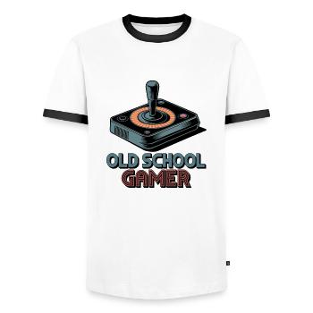 Old School Gamer – Retro Joystick - Men's Ringer Shirt - white/black - Front - AI Model Female 172 light (172cm) & AI Model Male 178 dark (178cm)