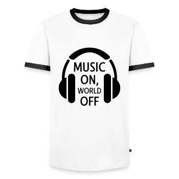 Music On, World Off – Minimalist Headphones - Men's Ringer Shirt - white/black - Front - AI Model Female 172 light (172cm) & AI Model Male 178 dark (178cm)