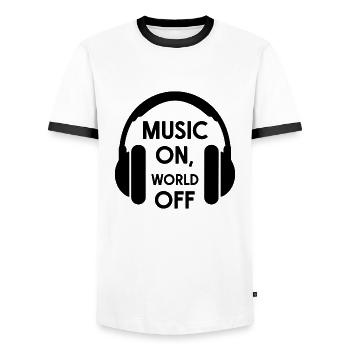 Music On, World Off – Minimalist Headphones - Men's Ringer Shirt - white/black - Front - AI Model Female 172 light (172cm) & AI Model Male 178 dark (178cm)