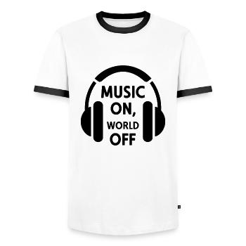 Music On, World Off – Minimalist Headphones - Men's Ringer Shirt - white/black - Front - AI Model Female 172 light (172cm) & AI Model Male 178 dark (178cm)