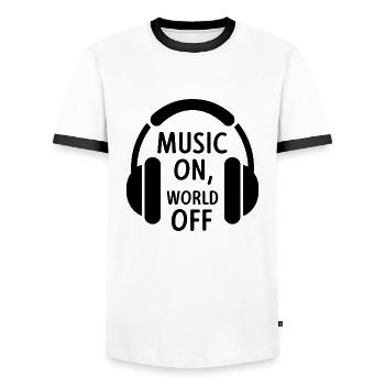 Music On, World Off – Minimalist Headphones - Men's Ringer Shirt - white/black - Front - AI Model Female 172 light (172cm) & AI Model Male 178 dark (178cm)
