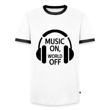 Music On, World Off – Minimalist Headphones - Men's Ringer Shirt - white/black - Front - AI Model Female 172 light (172cm) & AI Model Male 178 dark (178cm)