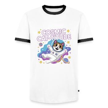 Cosmic Cat-titude – Intergalaktische Katzenpower - Männer Kontrast-T-Shirt - Weiß/Schwarz - Vorne - AI Model Female 172 light (172cm) & AI Model Male 178 dark (178cm)