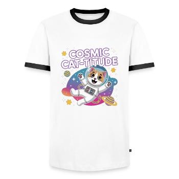 Cosmic Cat-titude – Intergalaktische Katzenpower - Männer Kontrast-T-Shirt - Weiß/Schwarz - Vorne - AI Model Female 172 light (172cm) & AI Model Male 178 dark (178cm)