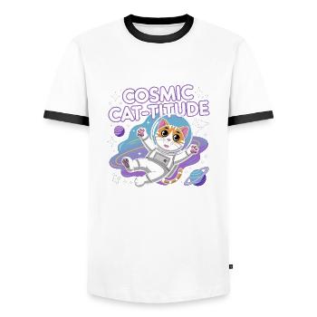 Cosmic Cat-titude – Intergalaktische Katzenpower - Männer Kontrast-T-Shirt - Weiß/Schwarz - Vorne - AI Model Female 172 light (172cm) & AI Model Male 178 dark (178cm)