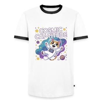 Cosmic Cat-titude – Intergalaktische Katzenpower - Männer Kontrast-T-Shirt - Weiß/Schwarz - Vorne - AI Model Female 172 light (172cm) & AI Model Male 178 dark (178cm)