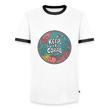 Keep It Coral – Saving Coral Reef, Marine Conservation - Men's Ringer Shirt - white/black - Front - AI Model Female 172 light (172cm) & AI Model Male 178 dark (178cm)