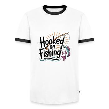 Hooked on Fishing – Funny Fishing Motif - Men's Ringer Shirt - white/black - Front - AI Model Female 172 light (172cm) & AI Model Male 178 dark (178cm)