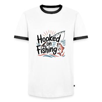Hooked on Fishing – Funny Fishing Motif - Men's Ringer Shirt - white/black - Front - AI Model Female 172 light (172cm) & AI Model Male 178 dark (178cm)