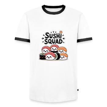 Sushi Squad – L’équipe Kawaii Nigiri - T-shirt contrasté Homme - blanc/noir - Devant - AI Model Female 172 light (172cm) & AI Model Male 178 dark (178cm)