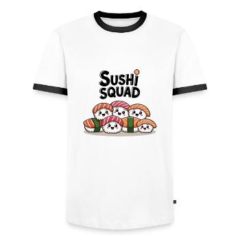 Sushi Squad – L’équipe Kawaii Nigiri - T-shirt contrasté Homme - blanc/noir - Devant - AI Model Female 172 light (172cm) & AI Model Male 178 dark (178cm)