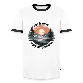 Life Is Short – Enjoy Every Moment - Men's Ringer Shirt - white/black - Front - AI Model Female 172 light (172cm) & AI Model Male 178 dark (178cm)