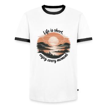 Life Is Short – Enjoy Every Moment - Men's Ringer Shirt - white/black - Front - AI Model Female 172 light (172cm) & AI Model Male 178 dark (178cm)