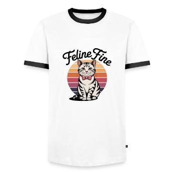 Feline Fine – Retro Sunset Cat - Männer Kontrast-T-Shirt - Weiß/Schwarz - Vorne - AI Model Female 172 light (172cm) & AI Model Male 178 dark (178cm)