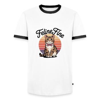 Feline Fine – Retro Sunset Cat - Männer Kontrast-T-Shirt - Weiß/Schwarz - Vorne - AI Model Female 172 light (172cm) & AI Model Male 178 dark (178cm)
