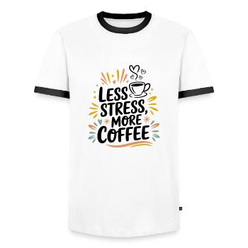 Less Stress, More Coffee – Coffee Saying - Men's Ringer Shirt - white/black - Front - AI Model Female 172 light (172cm) & AI Model Male 178 dark (178cm)