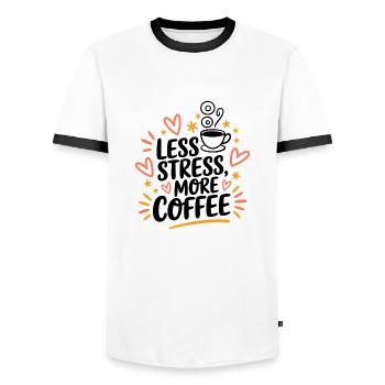 Less Stress, More Coffee – Coffee Saying - Men's Ringer Shirt - white/black - Front - AI Model Female 172 light (172cm) & AI Model Male 178 dark (178cm)