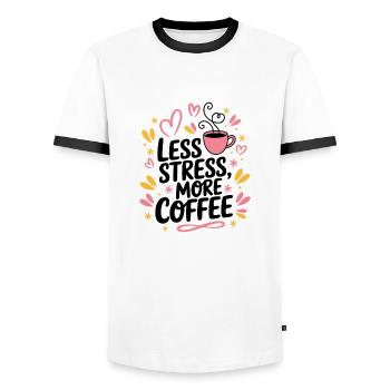 Less Stress, More Coffee – Coffee Saying - Men's Ringer Shirt - white/black - Front - AI Model Female 172 light (172cm) & AI Model Male 178 dark (178cm)