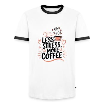 Less Stress, More Coffee – Coffee Saying - Men's Ringer Shirt - white/black - Front - AI Model Female 172 light (172cm) & AI Model Male 178 dark (178cm)