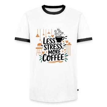 Less Stress, More Coffee – Coffee Saying - Men's Ringer Shirt - white/black - Front - AI Model Female 172 light (172cm) & AI Model Male 178 dark (178cm)