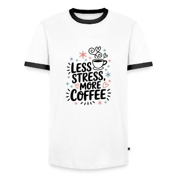 Less Stress, More Coffee – Coffee Saying - Men's Ringer Shirt - white/black - Front - AI Model Female 172 light (172cm) & AI Model Male 178 dark (178cm)