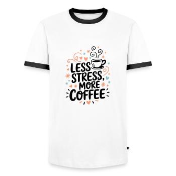 Less Stress, More Coffee – Coffee Saying - Men's Ringer Shirt - white/black - Front - AI Model Female 172 light (172cm) & AI Model Male 178 dark (178cm)