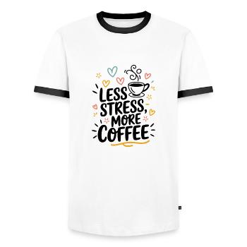 Less Stress, More Coffee – Coffee Saying - Men's Ringer Shirt - white/black - Front - AI Model Female 172 light (172cm) & AI Model Male 178 dark (178cm)