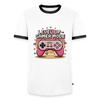 Montée de niveau – Mode joueur - T-shirt contrasté Homme - blanc/noir - Devant - AI Model Female 172 light (172cm) & AI Model Male 178 dark (178cm)