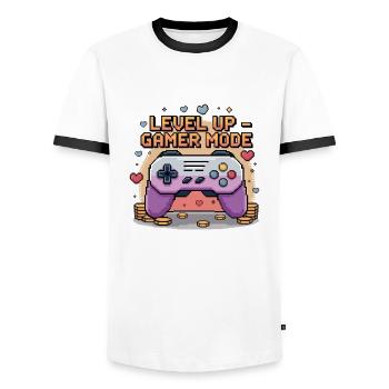Montée de niveau – Mode joueur - T-shirt contrasté Homme - blanc/noir - Devant - AI Model Female 172 light (172cm) & AI Model Male 178 dark (178cm)