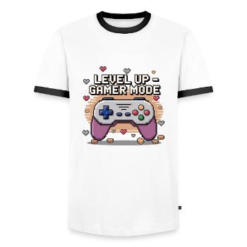 Montée de niveau – Mode joueur - T-shirt contrasté Homme - blanc/noir - Devant - AI Model Female 172 light (172cm) & AI Model Male 178 dark (178cm)