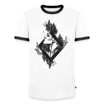 Eine Schwarz-Weiß-Zeichnung des Gesichts einer Frau, Geome - Männer Kontrast-T-Shirt - Weiß/Schwarz - Vorne - AI Model Female 172 light (172cm) & AI Model Male 178 dark (178cm)