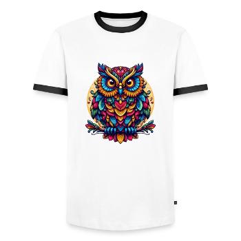 OWL EAGLE OWL BIRD OF PREY TAWNY OWL FEATHER RAINBOW COLORFUL - Men's Ringer Shirt - white/black - Front - AI Model Female 172 light (172cm) & AI Model Male 178 dark (178cm)