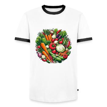 VEGETABLE PLATTER, VEGETABLE, PLANT, COLORFUL, VEGETARIAN, VEGAN - Men's Ringer Shirt - white/black - Front - AI Model Female 172 light (172cm) & AI Model Male 178 dark (178cm)