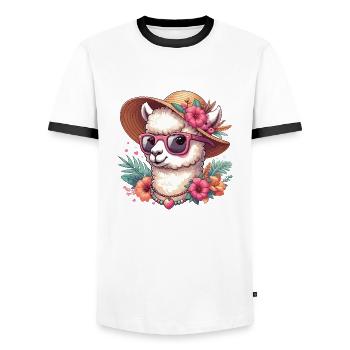 TSCHAKKA ALPAKA HIP TRENDY BLUME SONNENHUT FLOWER - Männer Kontrast-T-Shirt - Weiß/Schwarz - Vorne - AI Model Female 172 light (172cm) & AI Model Male 178 dark (178cm)