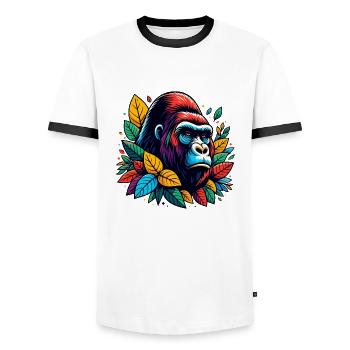 GORILLA, MONKEY, ANIMAL, COLORFUL, AUTUMN, LEAVES, SERIOUS, ANGRY - Men's Ringer Shirt - white/black - Front - AI Model Female 172 light (172cm) & AI Model Male 178 dark (178cm)
