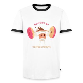 Powered By Coffee And Donuts Gym Lifting Workout - Men's Ringer Shirt - white/black - Front - AI Model Female 172 light (172cm) & AI Model Male 178 dark (178cm)