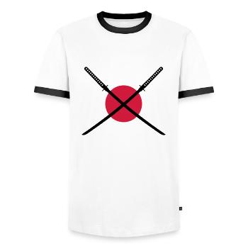 samurai_schwert_japan_2c - Männer Kontrast-T-Shirt - Weiß/Schwarz - Vorne - AI Model Female 172 light (172cm) & AI Model Male 178 dark (178cm)