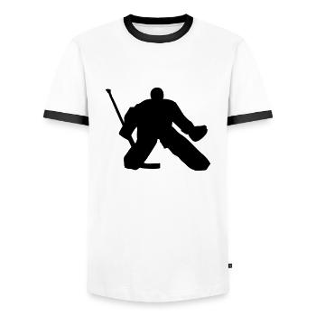 Hockey - Goalie - Men's Ringer Shirt - white/black - Front - AI Model Female 172 light (172cm) & AI Model Male 178 dark (178cm)