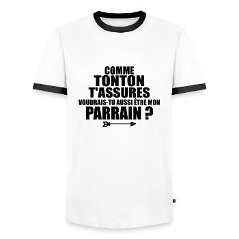 Comme Tonton T'assures Voudrais-tu être Parrain - T-shirt contrasté Homme - blanc/noir - Devant - AI Model Female 172 light (172cm) & AI Model Male 178 dark (178cm)