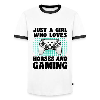 Gamer and Horses: Video Games and Equestrian Passion - Men's Ringer Shirt - white/black - Front - AI Model Female 172 light (172cm) & AI Model Male 178 dark (178cm)