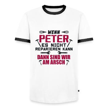 If Peter can't fix it - Men's Ringer Shirt - white/black - Front - AI Model Female 172 light (172cm) & AI Model Male 178 dark (178cm)