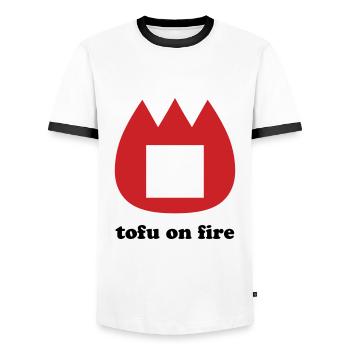 📛 tofu on fire - Men's Ringer Shirt - white/black - Front - AI Model Female 172 light (172cm) & AI Model Male 178 dark (178cm)