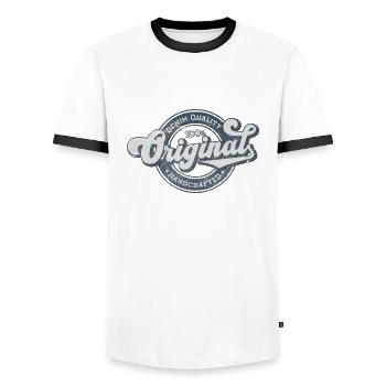 Original denim quality retro vintage blue - Men's Ringer Shirt - white/black - Front - AI Model Female 172 light (172cm) & AI Model Male 178 dark (178cm)