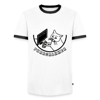 PURRGRAMMER Katze am Computer - Männer Kontrast-T-Shirt - Weiß/Schwarz - Vorne - AI Model Female 172 light (172cm) & AI Model Male 178 dark (178cm)