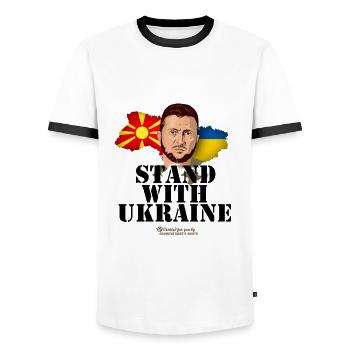 Ukraine Nordmazedonien Wolodymyr Selenskyj T-Shirt - Männer Kontrast-T-Shirt - Weiß/Schwarz - Vorne - AI Model Female 172 light (172cm) & AI Model Male 178 dark (178cm)