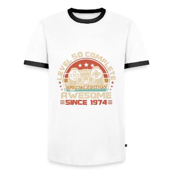 50. Geburtstag Gamer Jahrgang 1974 geboren - Männer Kontrast-T-Shirt - Weiß/Schwarz - Vorne - AI Model Female 172 light (172cm) & AI Model Male 178 dark (178cm)