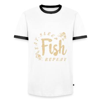 Eat Sleep Fish Repeat funny quote born to fish - Men's Ringer Shirt - white/black - Front - AI Model Female 172 light (172cm) & AI Model Male 178 dark (178cm)