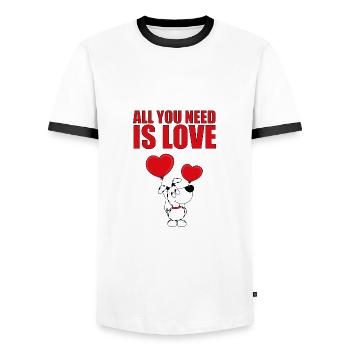 HUND - ALL YOU NEED IS LOVE - Männer Kontrast-T-Shirt - Weiß/Schwarz - Vorne - AI Model Female 172 light (172cm) & AI Model Male 178 dark (178cm)