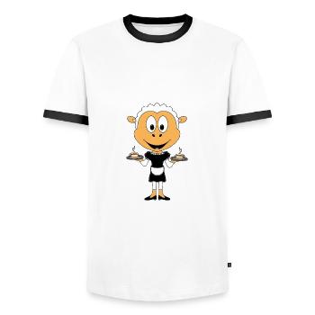 SCHAF - KELLNERIN - GASTRONOMIE - KAFFEE - TEE - Männer Kontrast-T-Shirt - Weiß/Schwarz - Vorne - AI Model Female 172 light (172cm) & AI Model Male 178 dark (178cm)