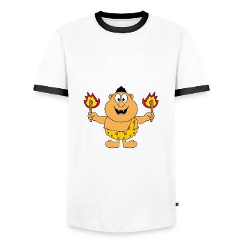 FEUER - STEINZEITMENSCH - MANN - GRILLEN - MENSCH - Männer Kontrast-T-Shirt - Weiß/Schwarz - Vorne - AI Model Female 172 light (172cm) & AI Model Male 178 dark (178cm)